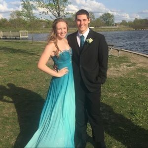 Teal ombré strapless prom dress